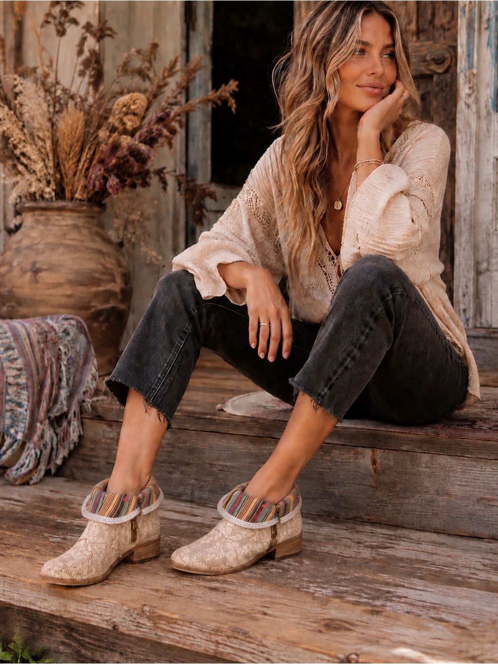FELMINI Beige Perforated Genuine Leather Slouchy Ankle Boots Double Zipper Boho